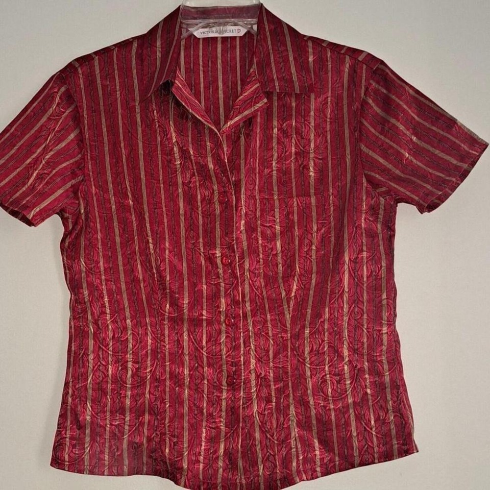VTG VICTORIA SECRET Red Gold Stripe Paisley Jacquard Button Up Shirt Top‎ XS